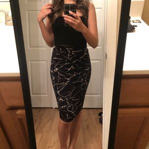 Black and white marble granite midi pencil skirt